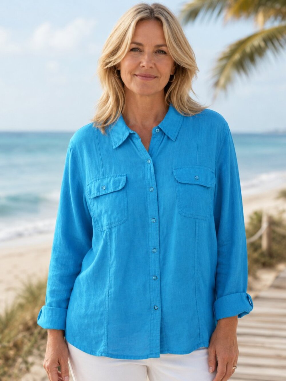 Chico’s Linen Blouse Women’s Size 3 XL Blue Snap Front Shirt Top Nautical